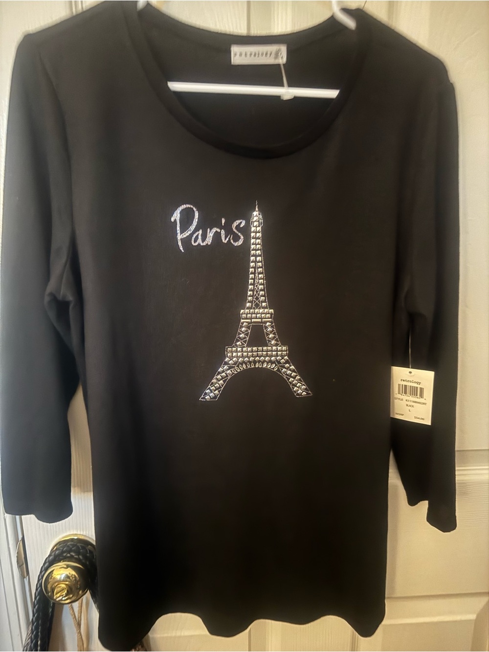 LG Black Long Sleeve Top with Rhinestone Eiffel Tower